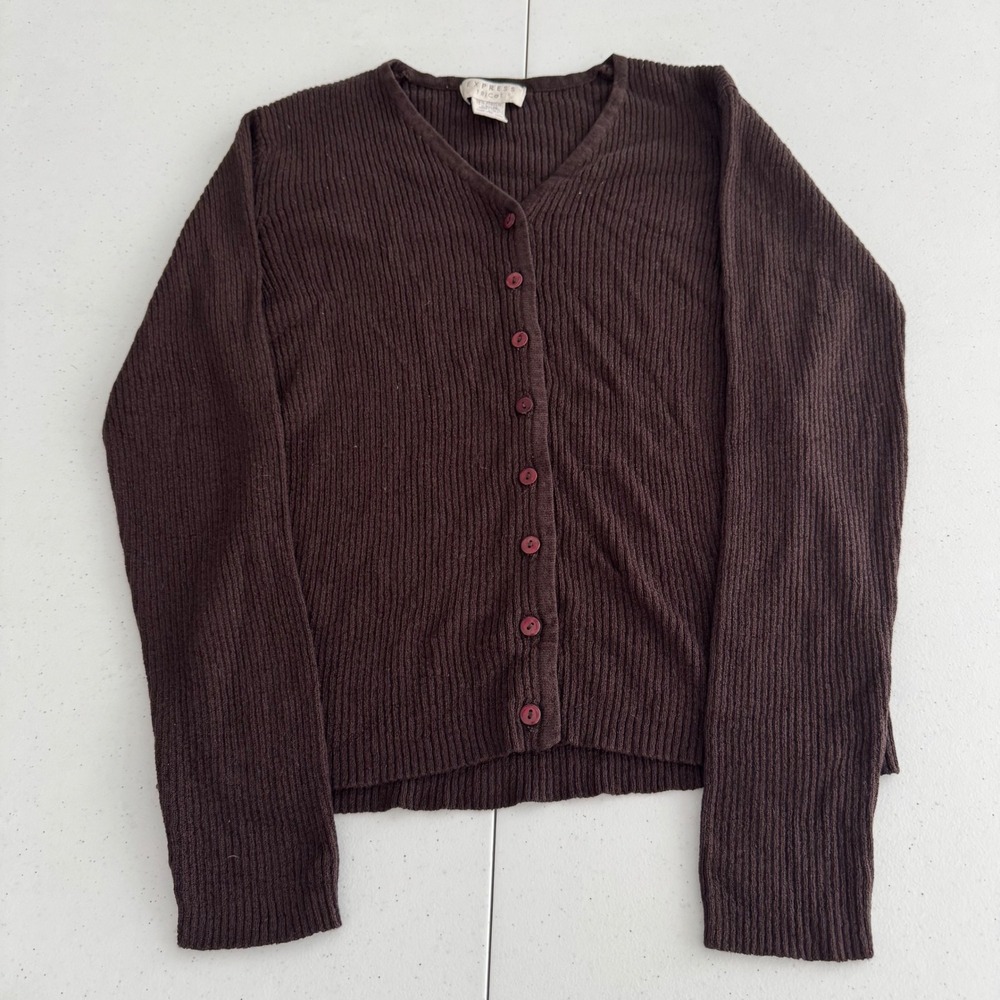 Vintage 90s Preppy Brown Ribbed Cardigan Large Express Button Front Sweater